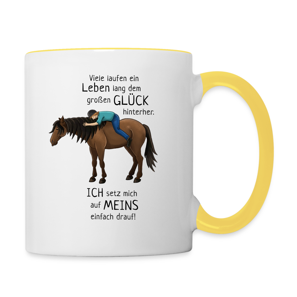 "Auf Pferd & Glück sitzen" Illustrationsstil - Tasse zweifarbig - Weiß/Gelb