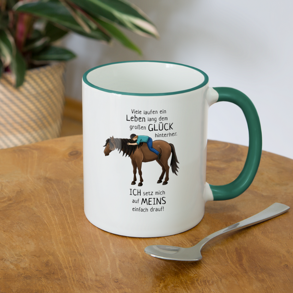 "Auf Pferd & Glück sitzen" Illustrationsstil - Tasse zweifarbig - Weiß/Dunkelgrün