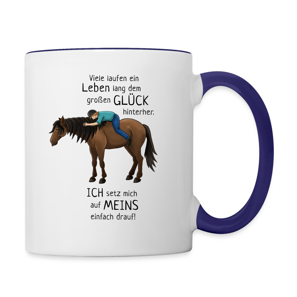 "Auf Pferd & Glück sitzen" Illustrationsstil - Tasse zweifarbig - Weiß/Kobaltblau