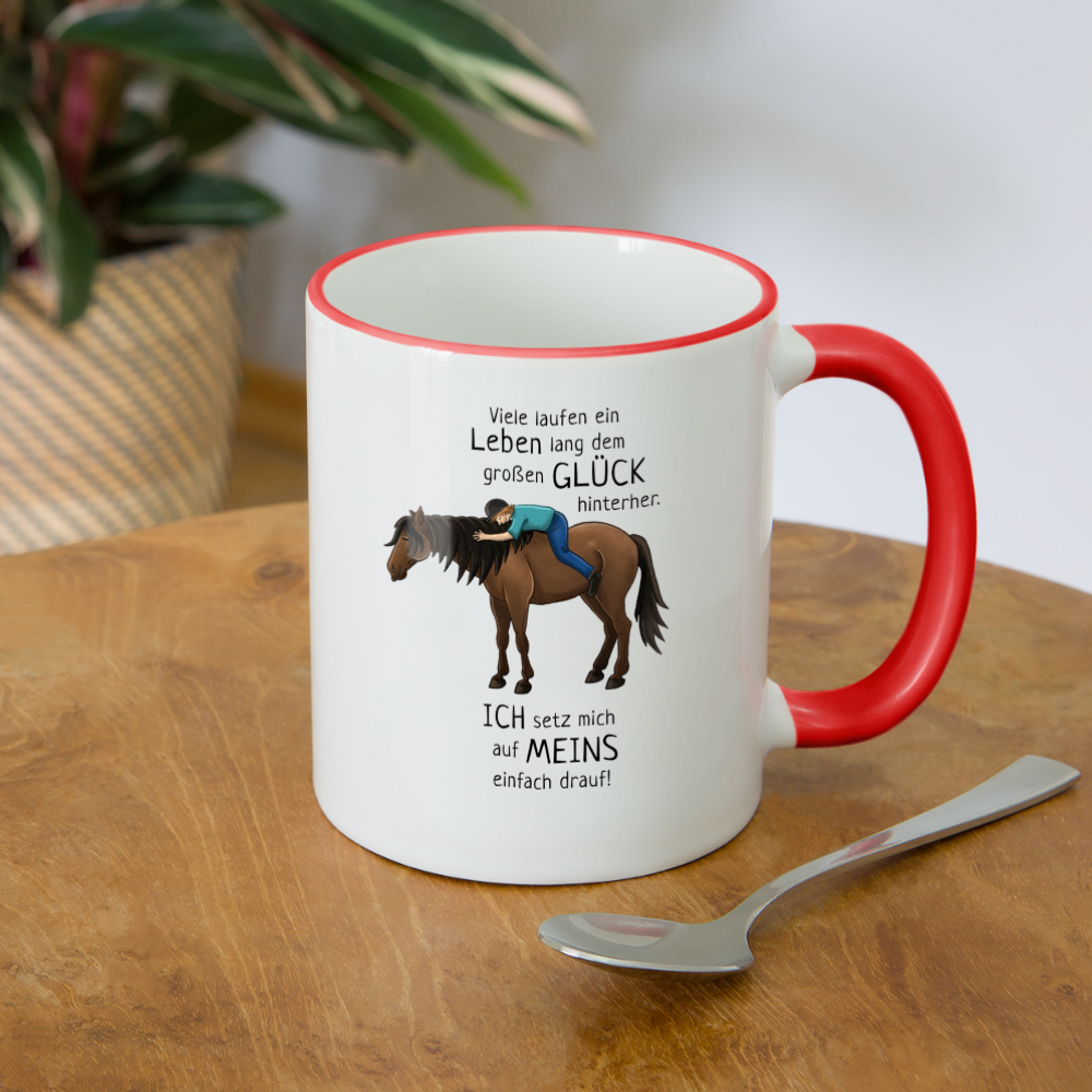 "Auf Pferd & Glück sitzen" Illustrationsstil - Tasse zweifarbig - Weiß/Rot