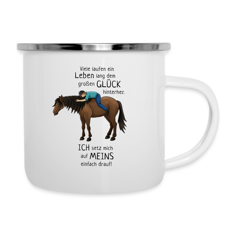 "Auf Pferd & Glück sitzen" Illustrationsstil - Emaille-Tasse - weiß