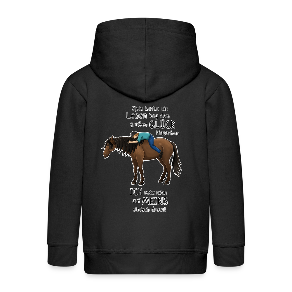 "Auf Pferd & Glück sitzen" Illustrationsstil - Kinder Kapuzenjacke - Schwarz