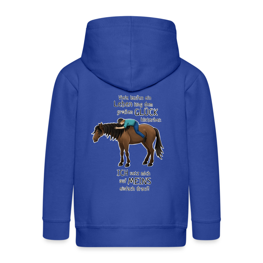 "Auf Pferd & Glück sitzen" Illustrationsstil - Kinder Kapuzenjacke - Royalblau