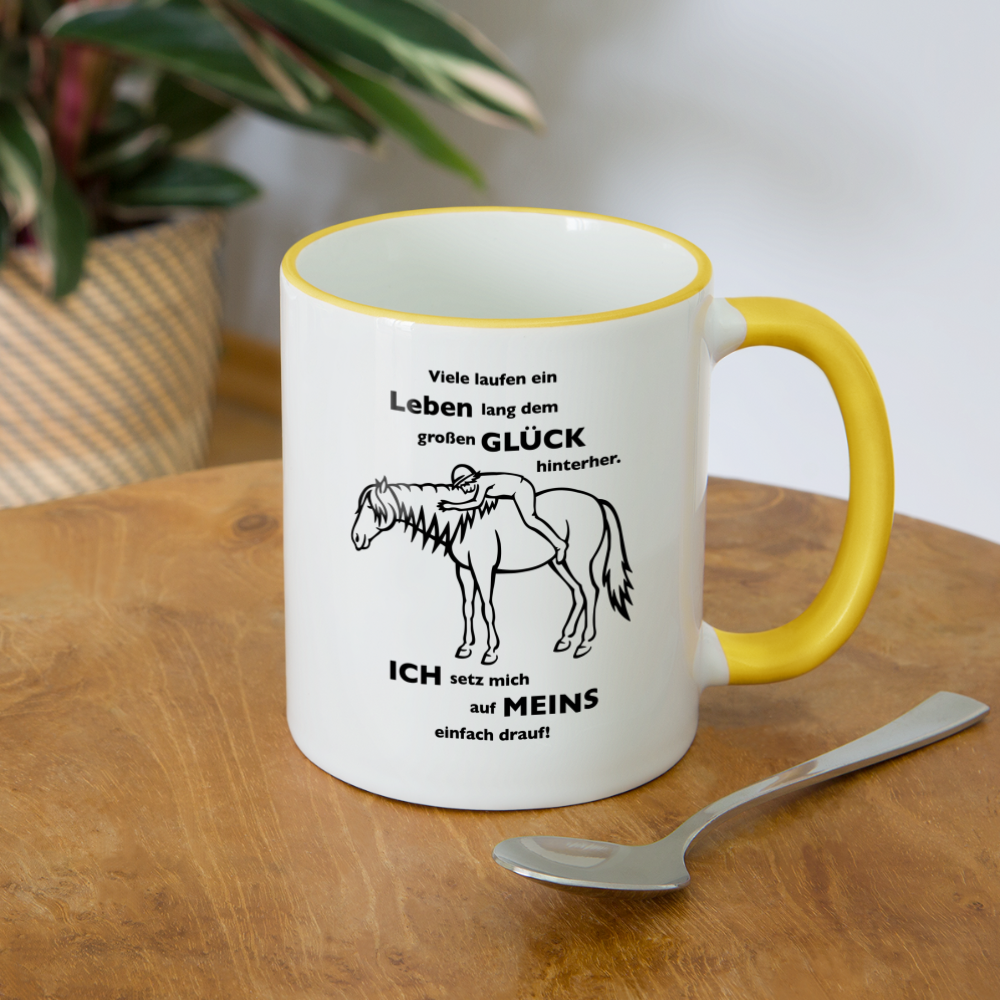 "Auf Pferd & Glück sitzen" Grafik-Stil - Tasse zweifarbig - Weiß/Gelb