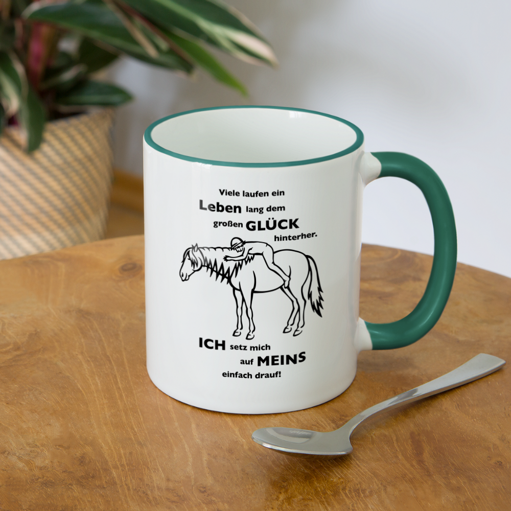 "Auf Pferd & Glück sitzen" Grafik-Stil - Tasse zweifarbig - Weiß/Dunkelgrün