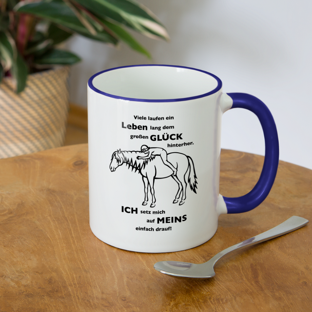 "Auf Pferd & Glück sitzen" Grafik-Stil - Tasse zweifarbig - Weiß/Kobaltblau