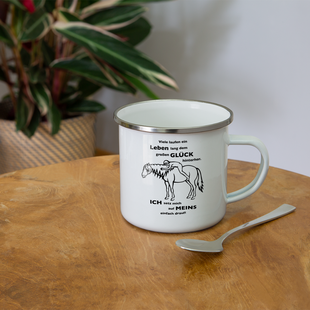 "Auf Pferd & Glück sitzen" Grafik-Stil - Emaille-Tasse - weiß