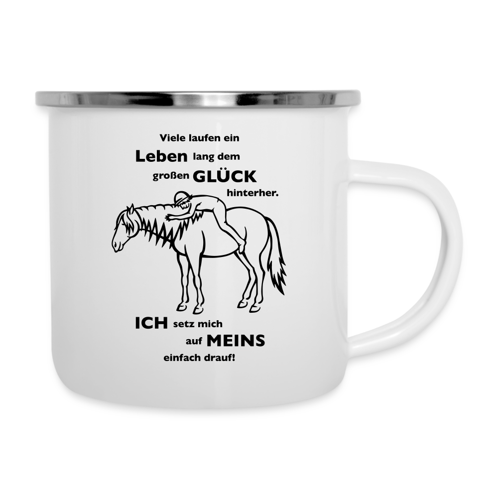 "Auf Pferd & Glück sitzen" Grafik-Stil - Emaille-Tasse - weiß
