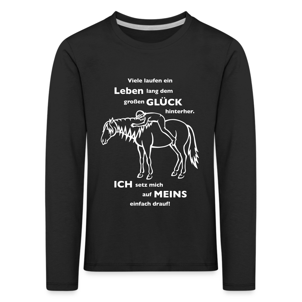 "Auf Pferd & Glück sitzen" Grafik-Stil - Kinder Langarmshirt - Schwarz
