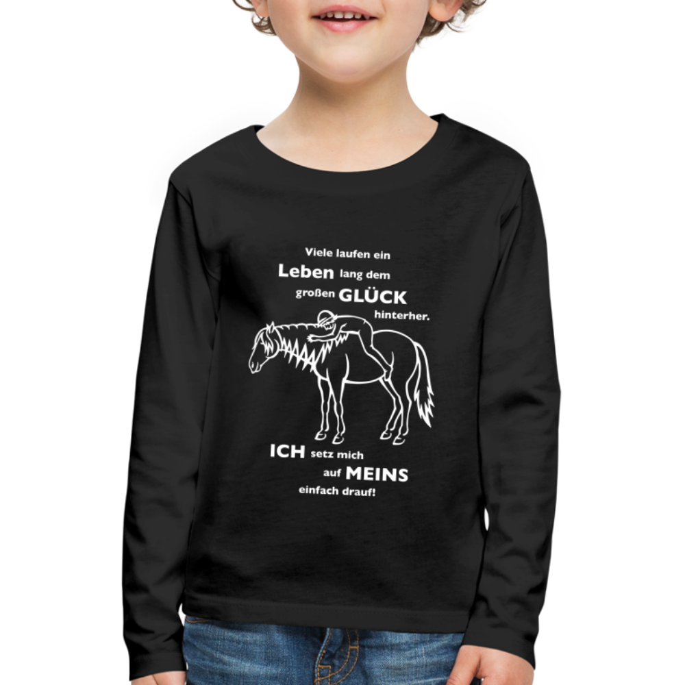 "Auf Pferd & Glück sitzen" Grafik-Stil - Kinder Langarmshirt - Schwarz