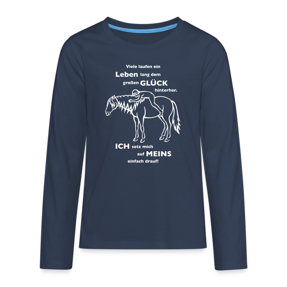 "Auf Pferd & Glück sitzen" Grafik-Stil - Teenager Langarmshirt - Navy