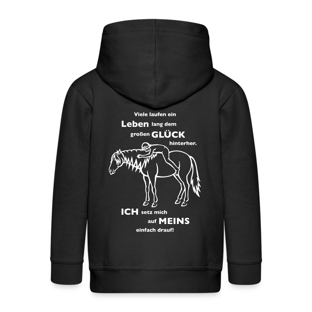 "Auf Pferd & Glück sitzen" Grafik-Stil - Kinder Kapuzenjacke - Schwarz