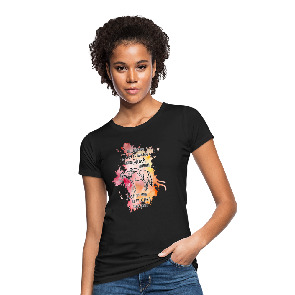 "Auf Pferd & Glück sitzen" Aquarell-Stil - Frauen Bio-T-Shirt - Schwarz