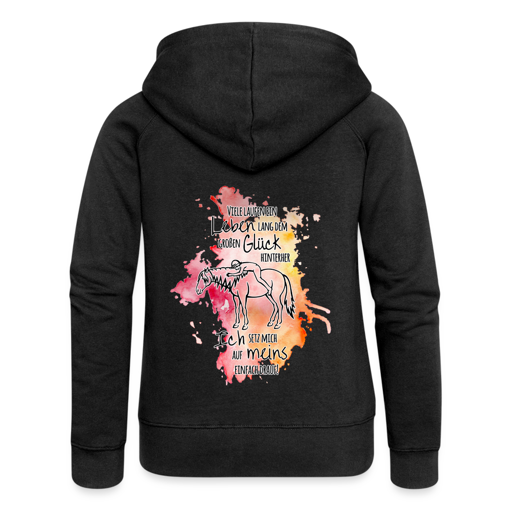 "Auf Pferd & Glück sitzen" Aquarell-Stil - Frauen Kapuzenjacke - Schwarz