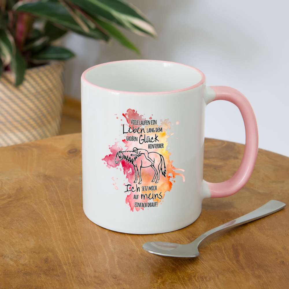 "Auf Pferd & Glück sitzen" Aquarell-Stil - Tasse zweifarbig - Weiß/Pink