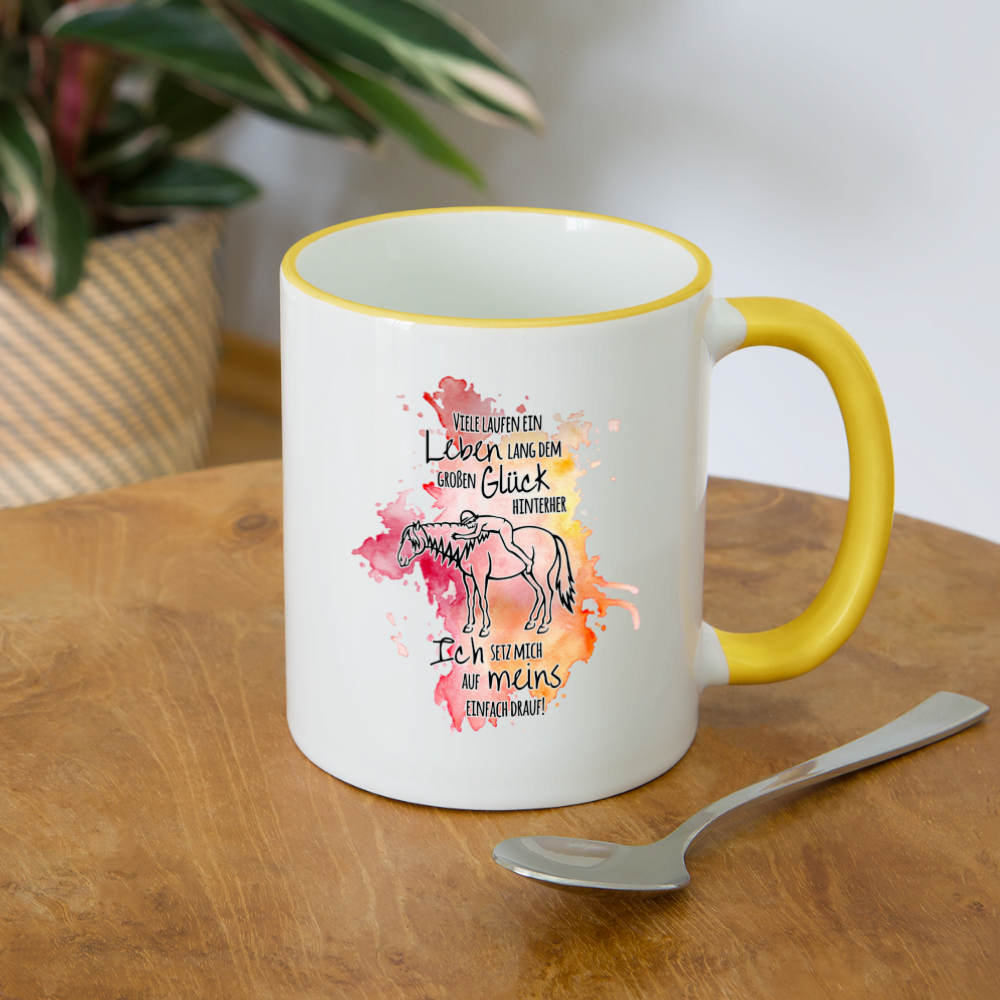 "Auf Pferd & Glück sitzen" Aquarell-Stil - Tasse zweifarbig - Weiß/Gelb
