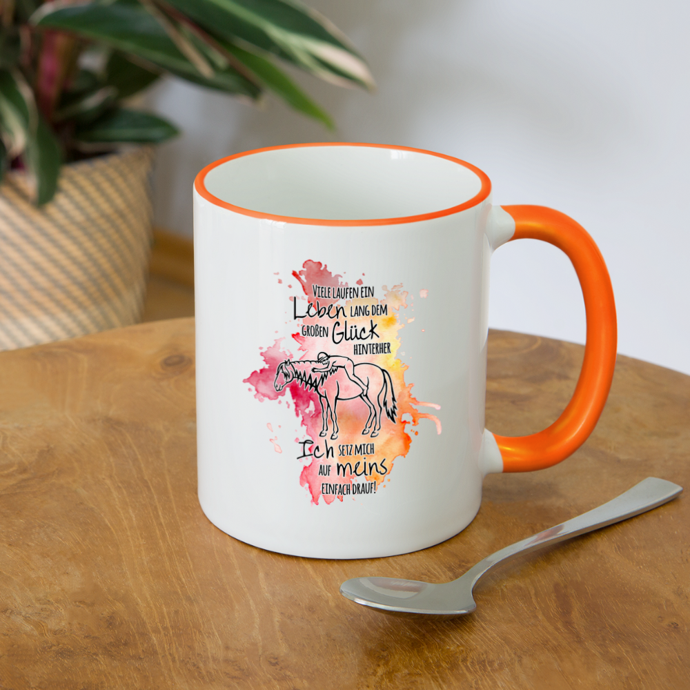 "Auf Pferd & Glück sitzen" Aquarell-Stil - Tasse zweifarbig - Weiß/Orange