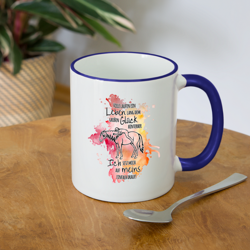 "Auf Pferd & Glück sitzen" Aquarell-Stil - Tasse zweifarbig - Weiß/Kobaltblau