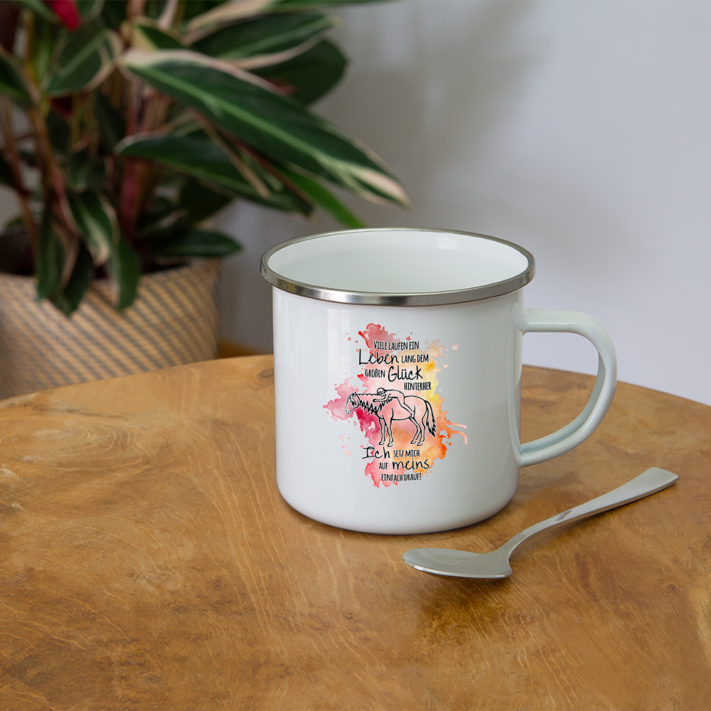 "Auf Pferd & Glück sitzen" Aquarell-Stil - Emaille-Tasse - weiß