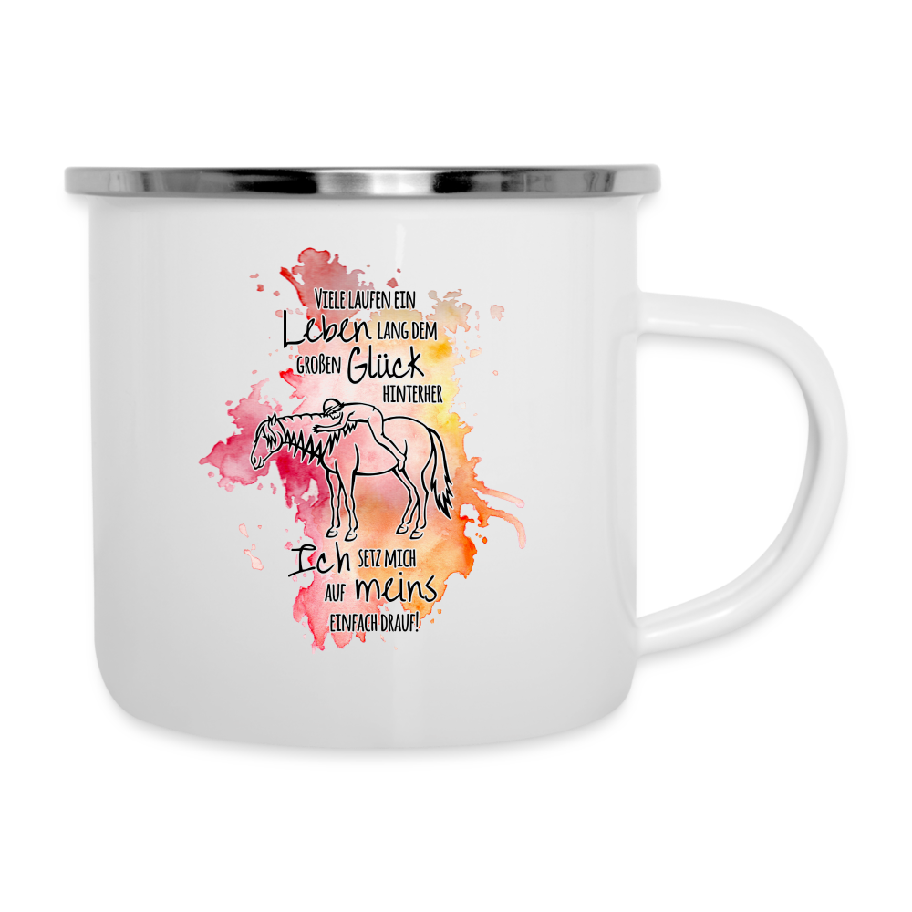 "Auf Pferd & Glück sitzen" Aquarell-Stil - Emaille-Tasse - weiß