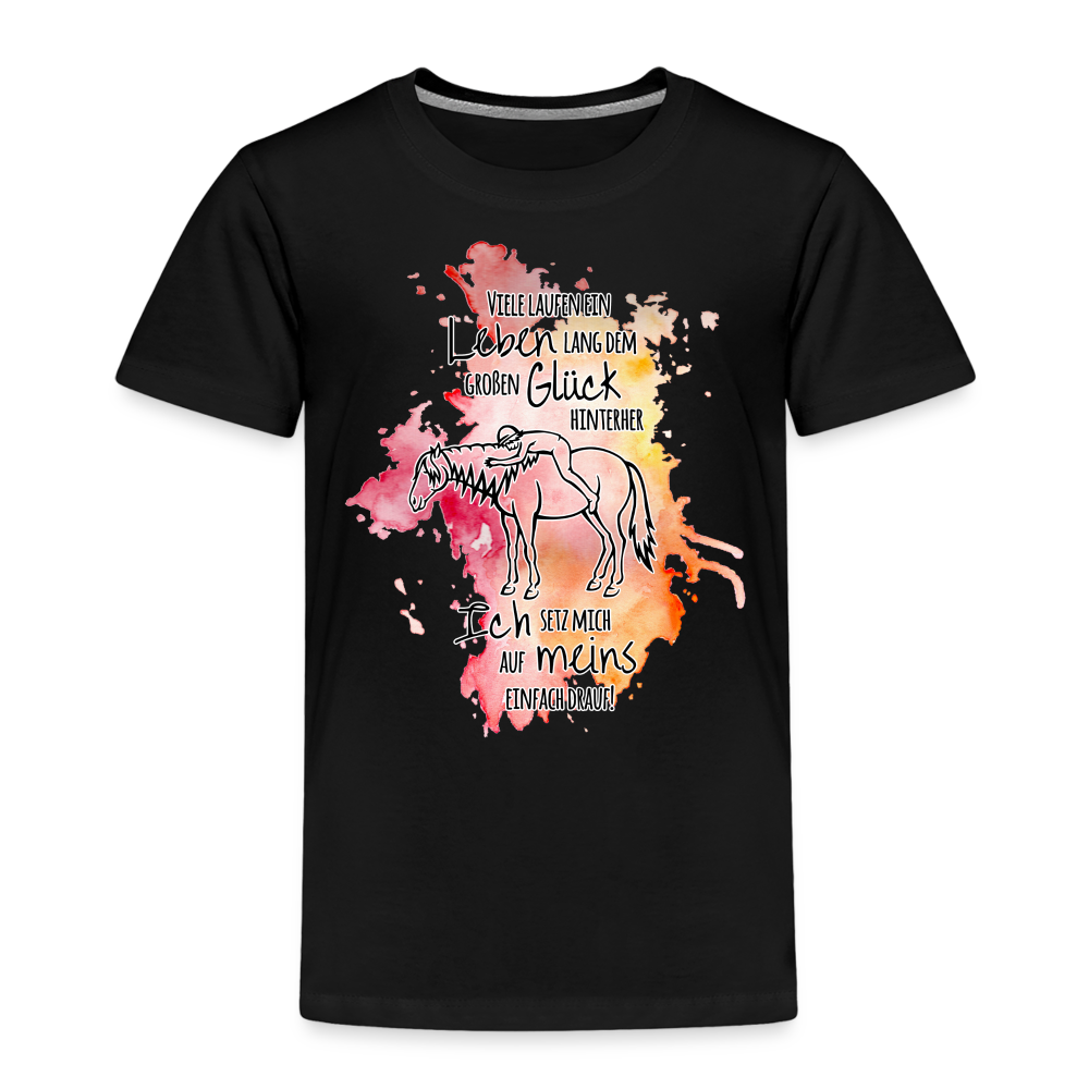 "Auf Pferd & Glück sitzen" Aquarell-Stil - Kinder T-Shirt - Schwarz