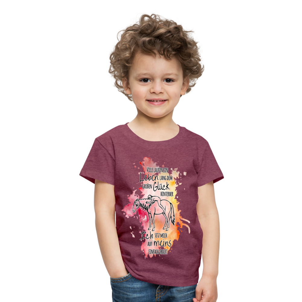 "Auf Pferd & Glück sitzen" Aquarell-Stil - Kinder T-Shirt - Bordeauxrot meliert