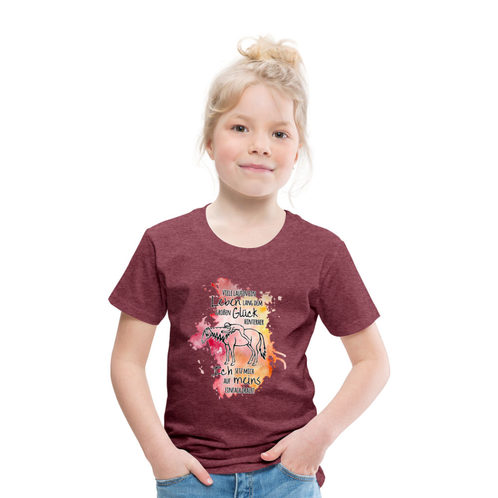 "Auf Pferd & Glück sitzen" Aquarell-Stil - Kinder T-Shirt - Bordeauxrot meliert