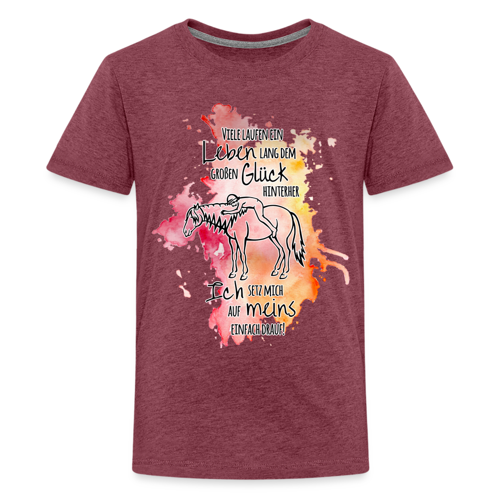 "Auf Pferd & Glück sitzen" Aquarell-Stil - Teenager T-Shirt - Bordeauxrot meliert
