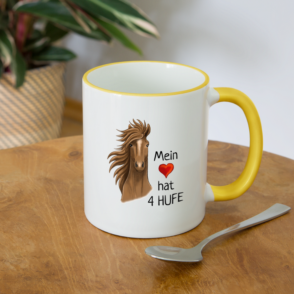 "Mein Herz hat 4 Hufe" Illustrations-Stil - Tasse zweifarbig - Weiß/Gelb
