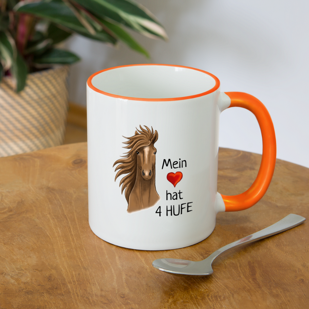 "Mein Herz hat 4 Hufe" Illustrations-Stil - Tasse zweifarbig - Weiß/Orange