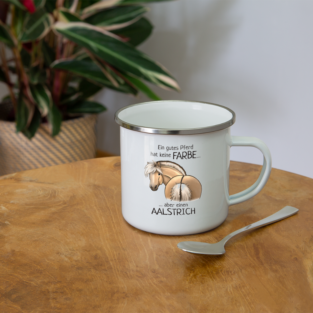 "Aalstrich" Illustrations-Stil - Emaille-Tasse - weiß