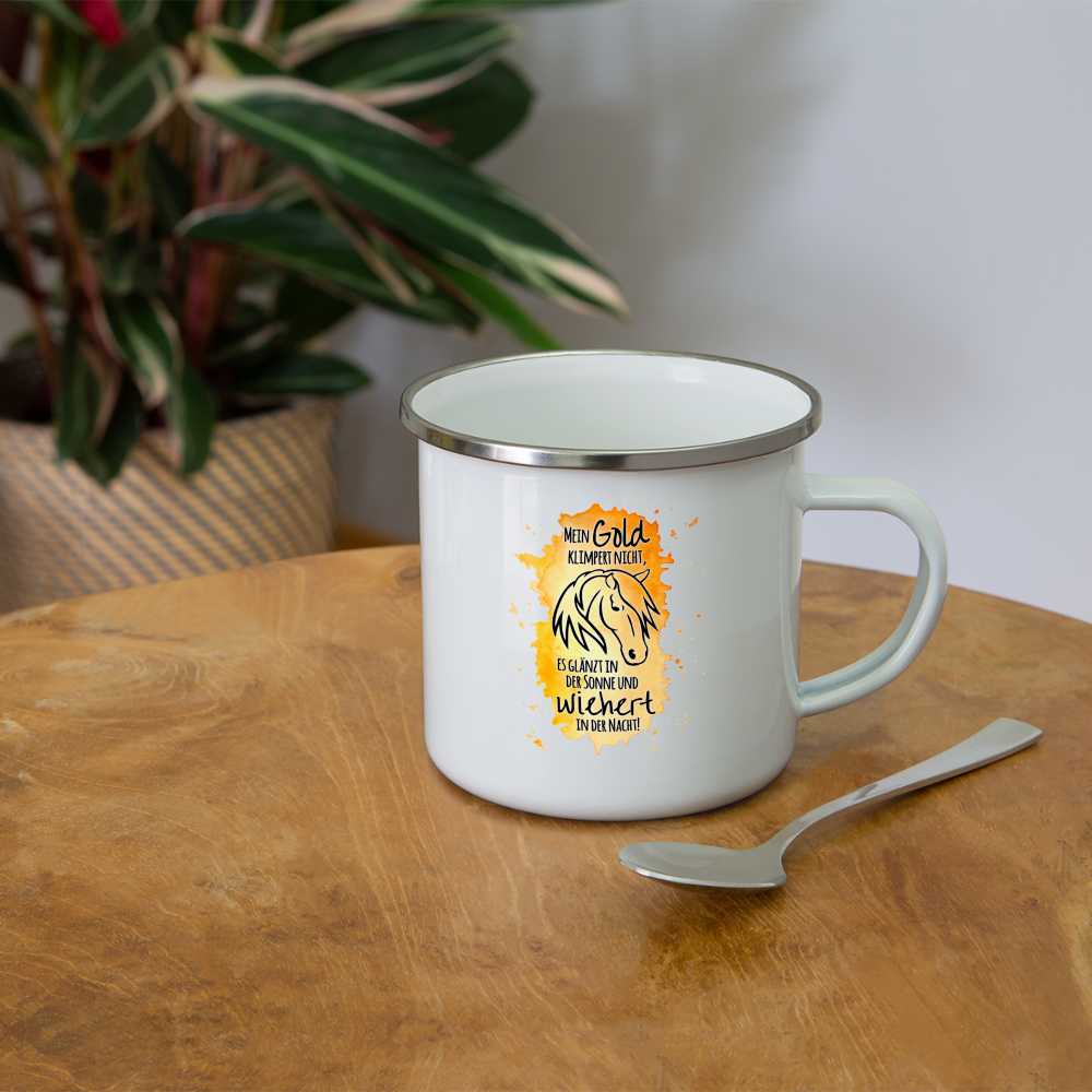 "Mein Gold wiehert" Aquarell-Stil - Emaille-Tasse - weiß