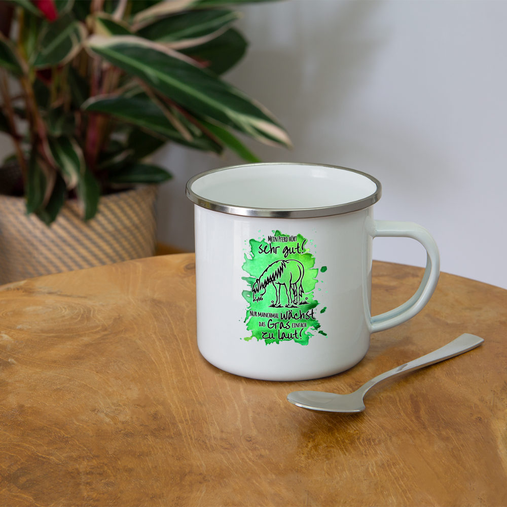 "Lautes Gras" Aquarell-Stil - Emaille-Tasse - weiß
