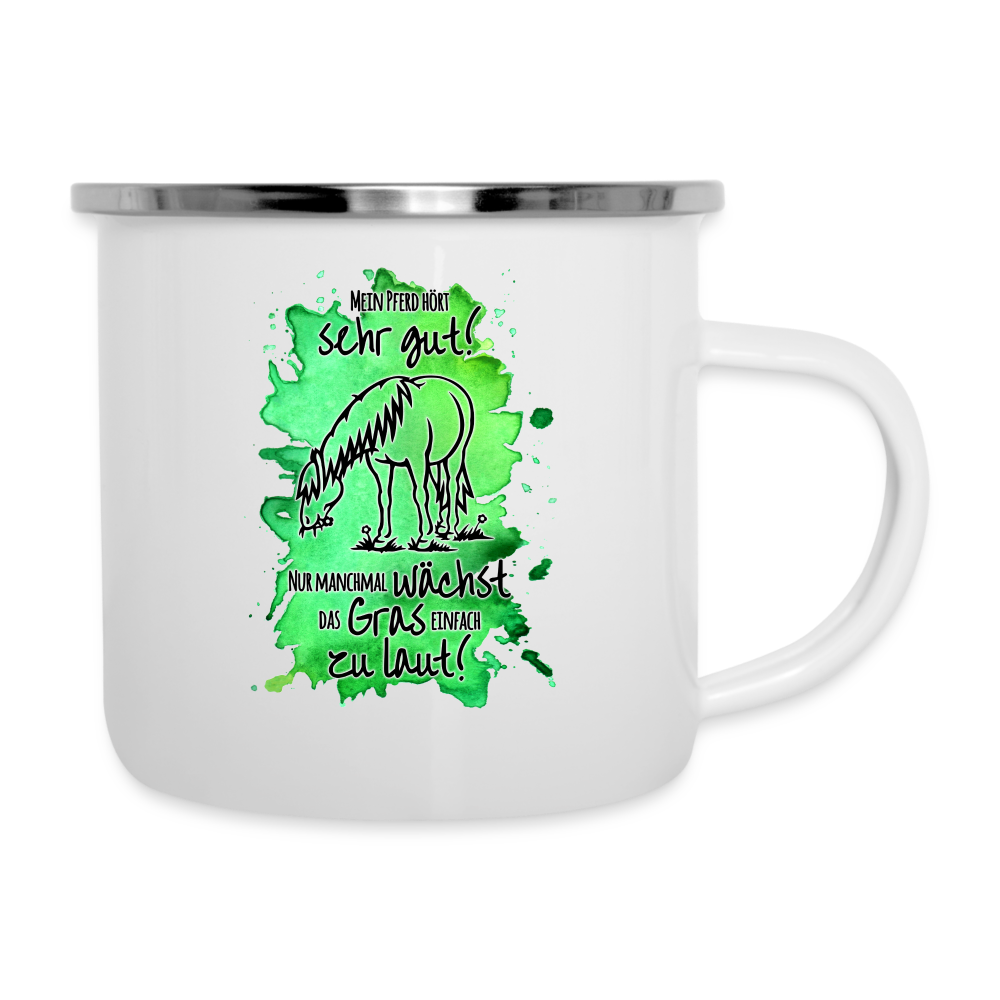 "Lautes Gras" Aquarell-Stil - Emaille-Tasse - weiß