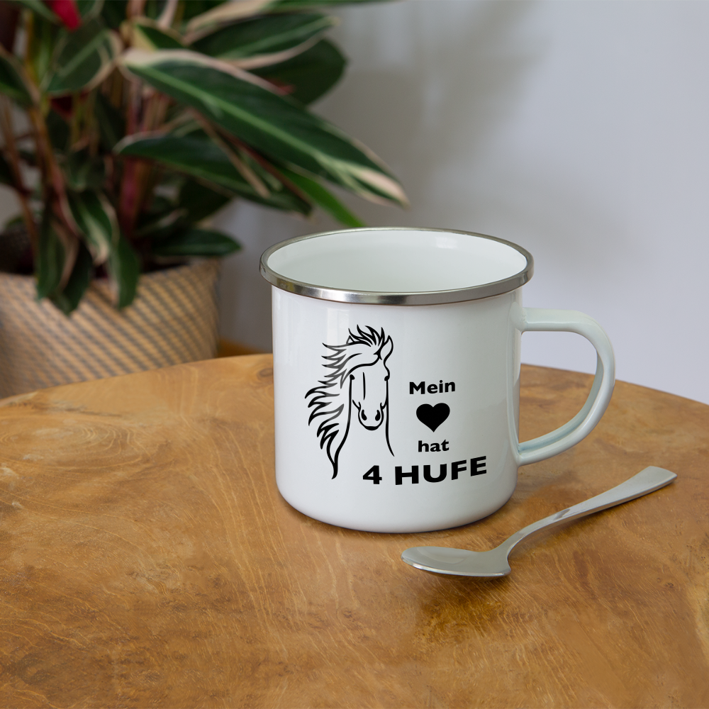 "Mein Herz hat 4 Hufe" Grafik-Stil - Emaille-Tasse - weiß