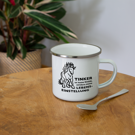 "Lebenseinstellung Tinker" Grafik-Stil - Emaille-Tasse - weiß