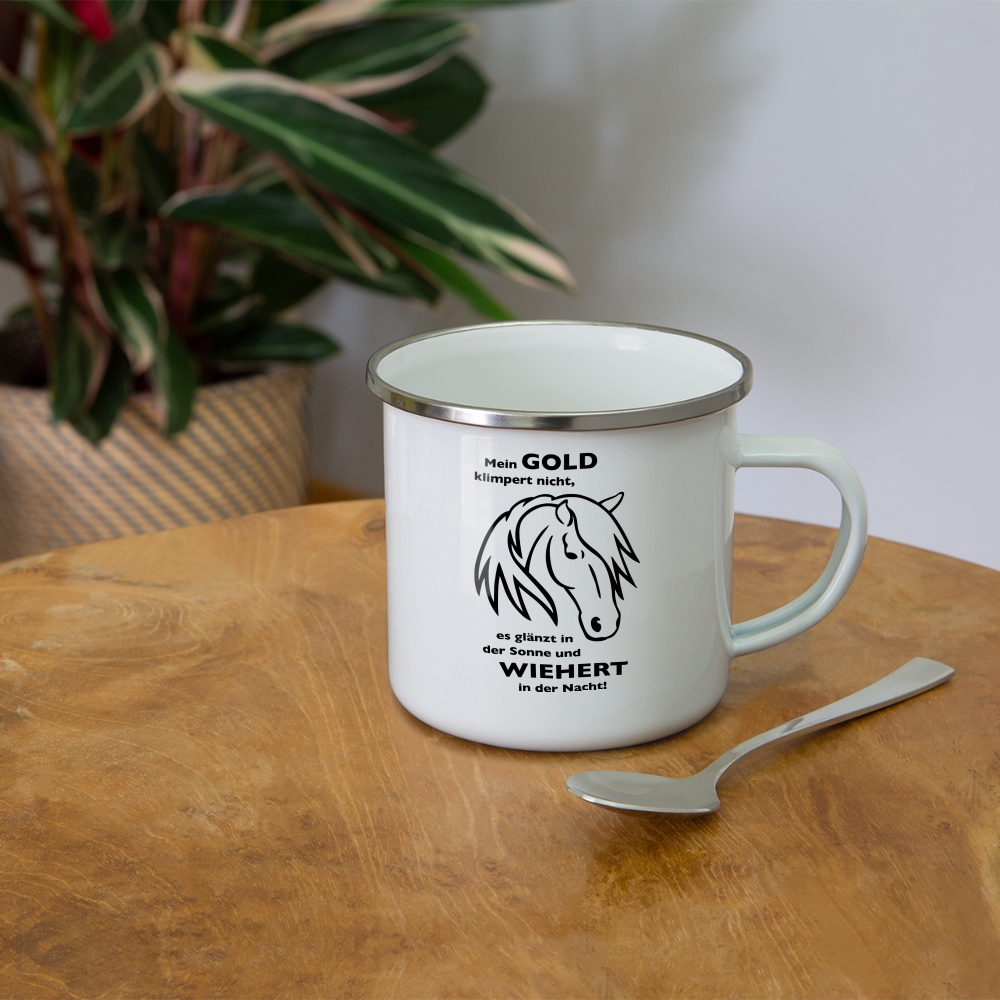 "Mein Gold wiehert" Grafik-Stil - Emaille-Tasse - weiß