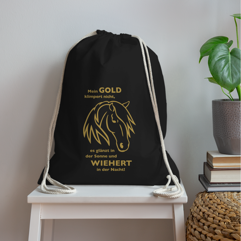 "Mein Gold wiehert" Grafik-Stil - Stallbeutel (gold glänzender Druck) - Schwarz