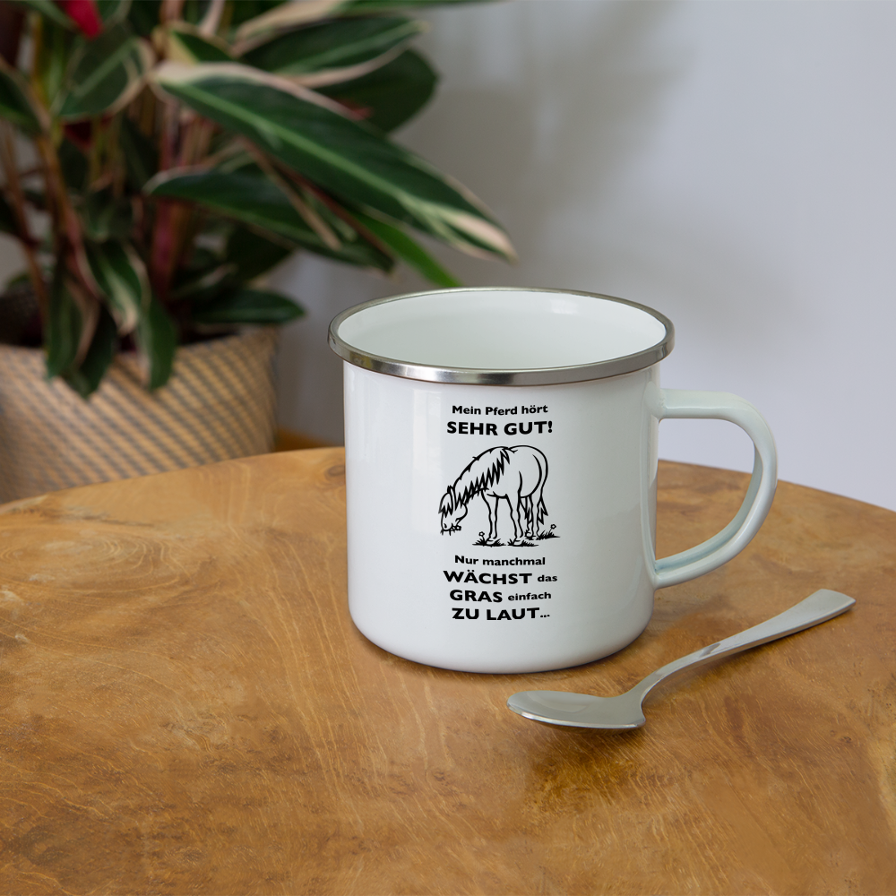 "Lautes Gras" Grafik-Stil - Emaille-Tasse - weiß