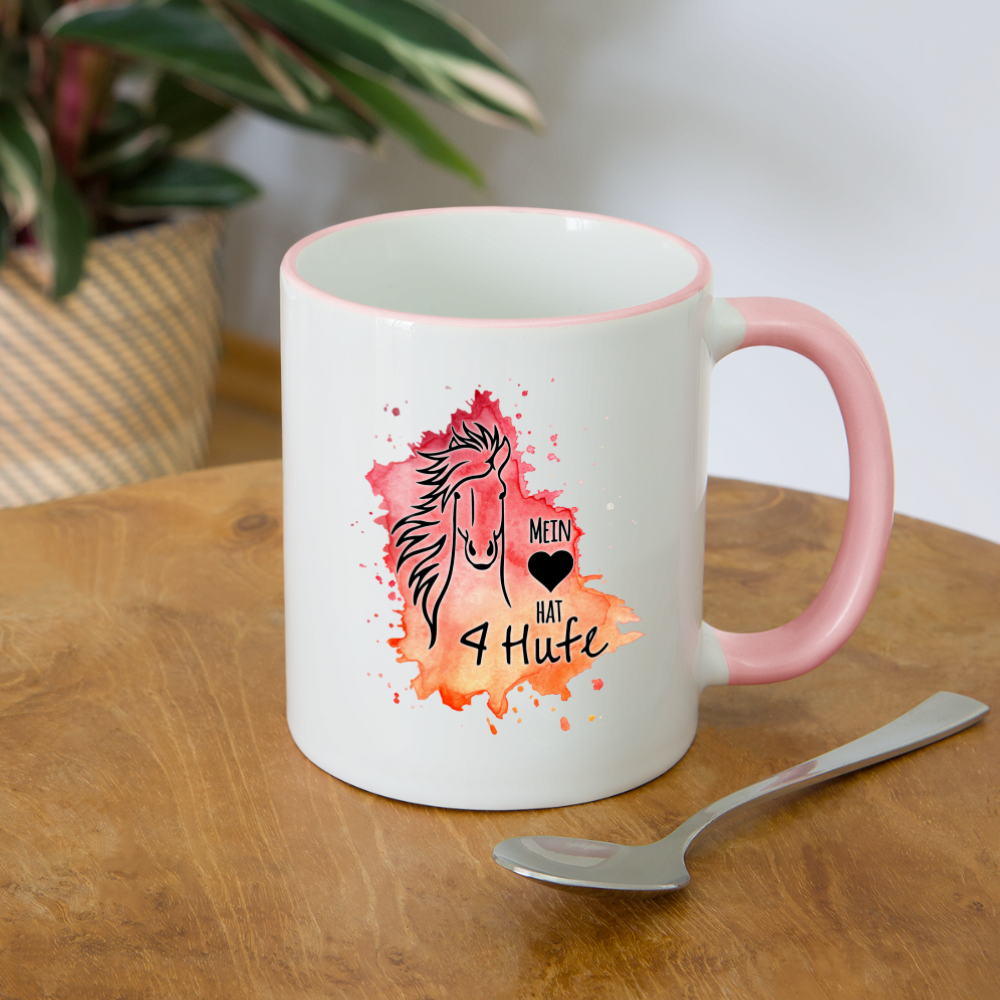 "Mein Herz hat 4 Hufe" Aquarell-Stil - Tasse zweifarbig - Weiß/Pink