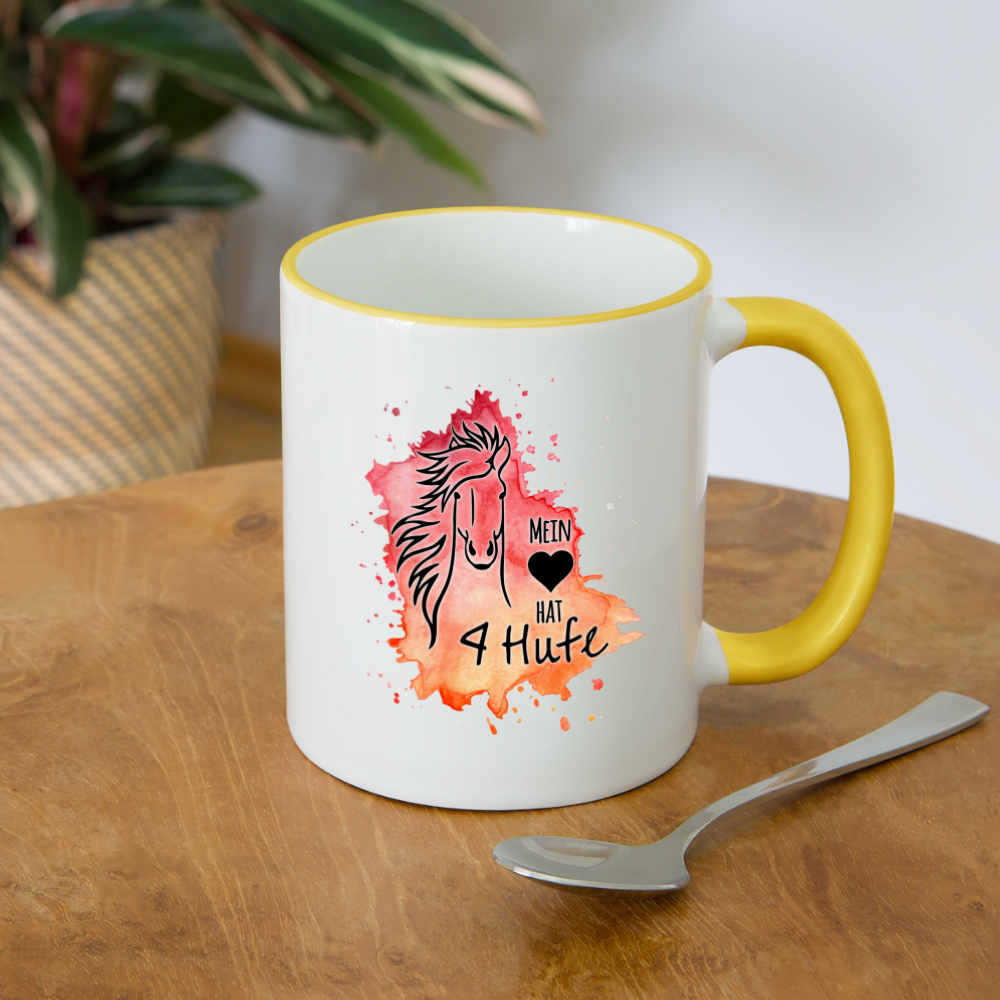 "Mein Herz hat 4 Hufe" Aquarell-Stil - Tasse zweifarbig - Weiß/Gelb