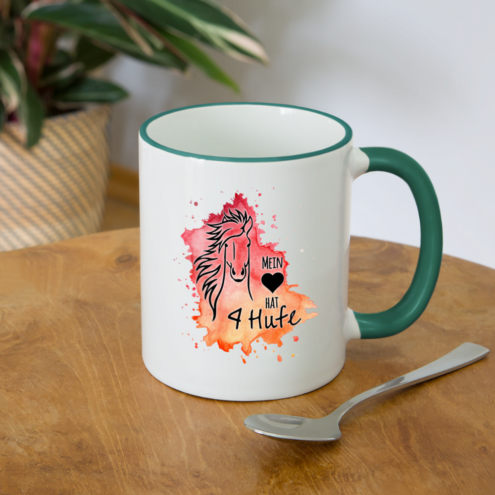 "Mein Herz hat 4 Hufe" Aquarell-Stil - Tasse zweifarbig - Weiß/Dunkelgrün