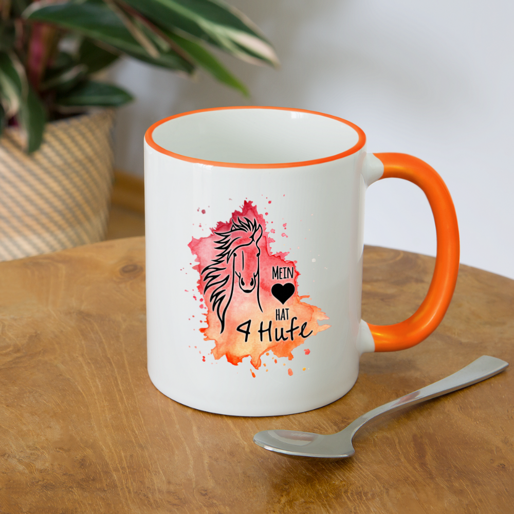 "Mein Herz hat 4 Hufe" Aquarell-Stil - Tasse zweifarbig - Weiß/Orange