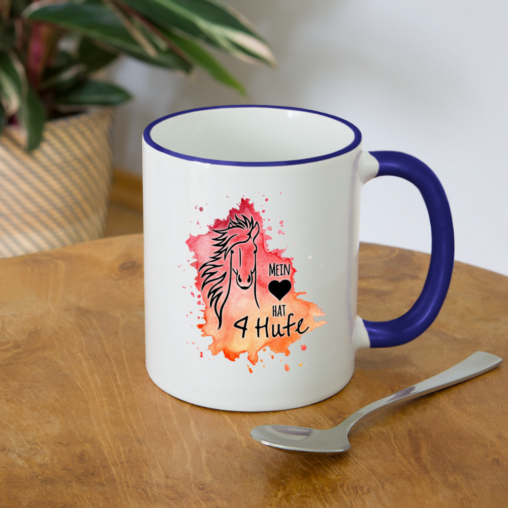 "Mein Herz hat 4 Hufe" Aquarell-Stil - Tasse zweifarbig - Weiß/Kobaltblau