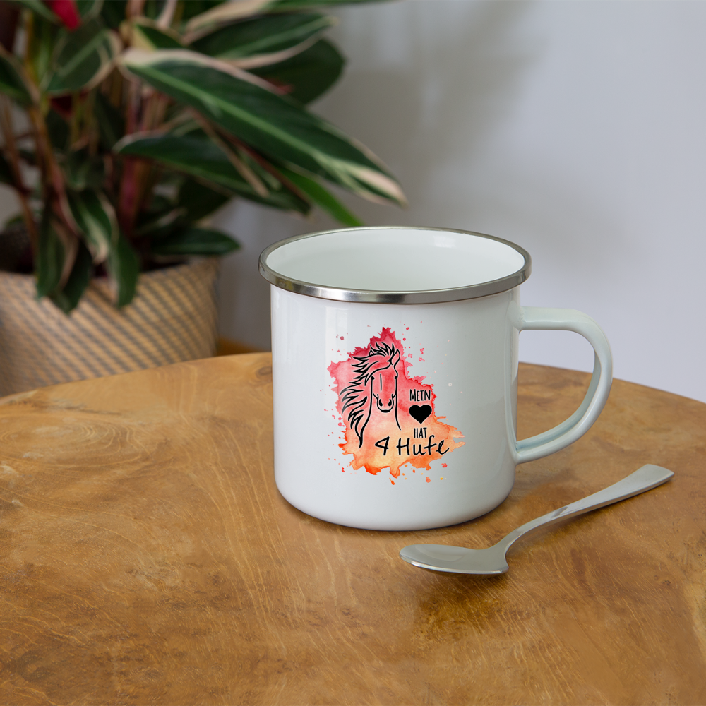 "Mein Herz hat 4 Hufe" Aquarell-Stil - Emaille-Tasse - weiß