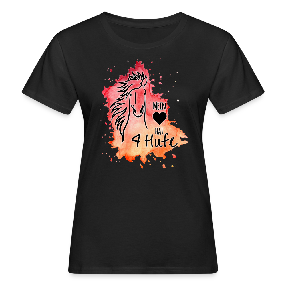 "Mein Herz hat 4 Hufe" Aquarell-Stil - Frauen Bio-T-Shirt - Schwarz