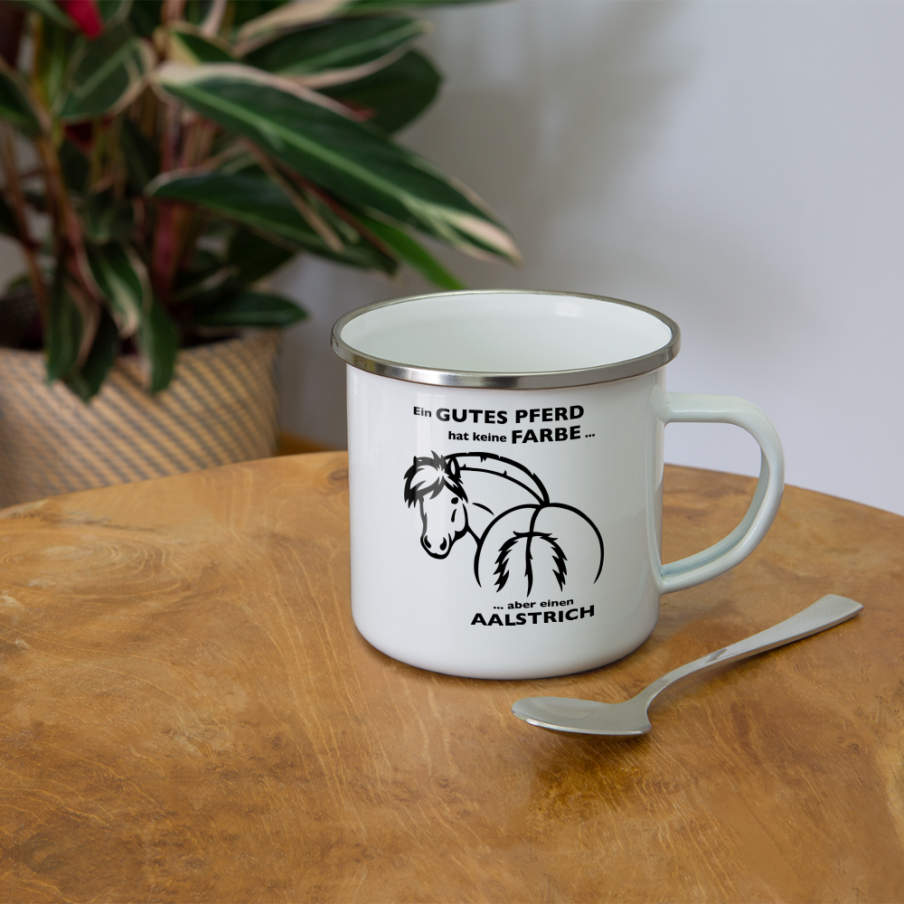 "Aalstrich" Grafik-Stil - Emaille-Tasse - weiß