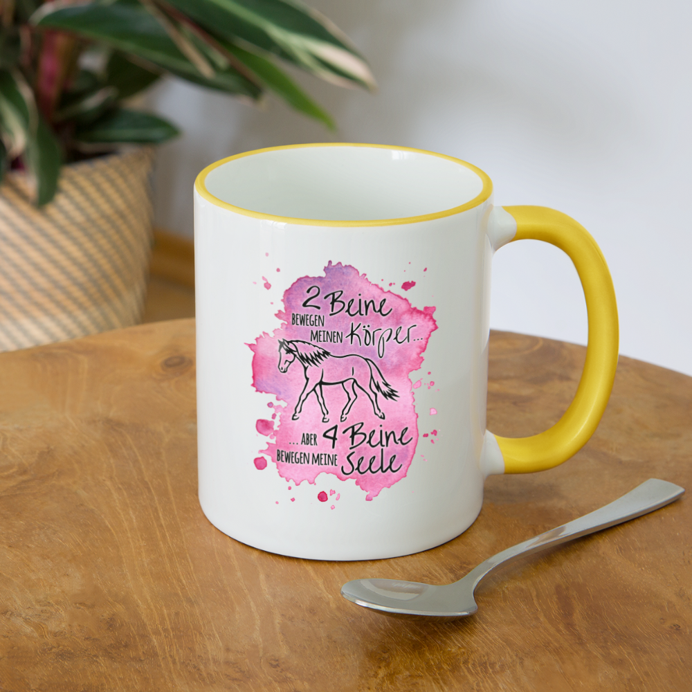 "4 Beine bewegen meine Seele" Aquarell-Stil - Tasse zweifarbig - Weiß/Gelb