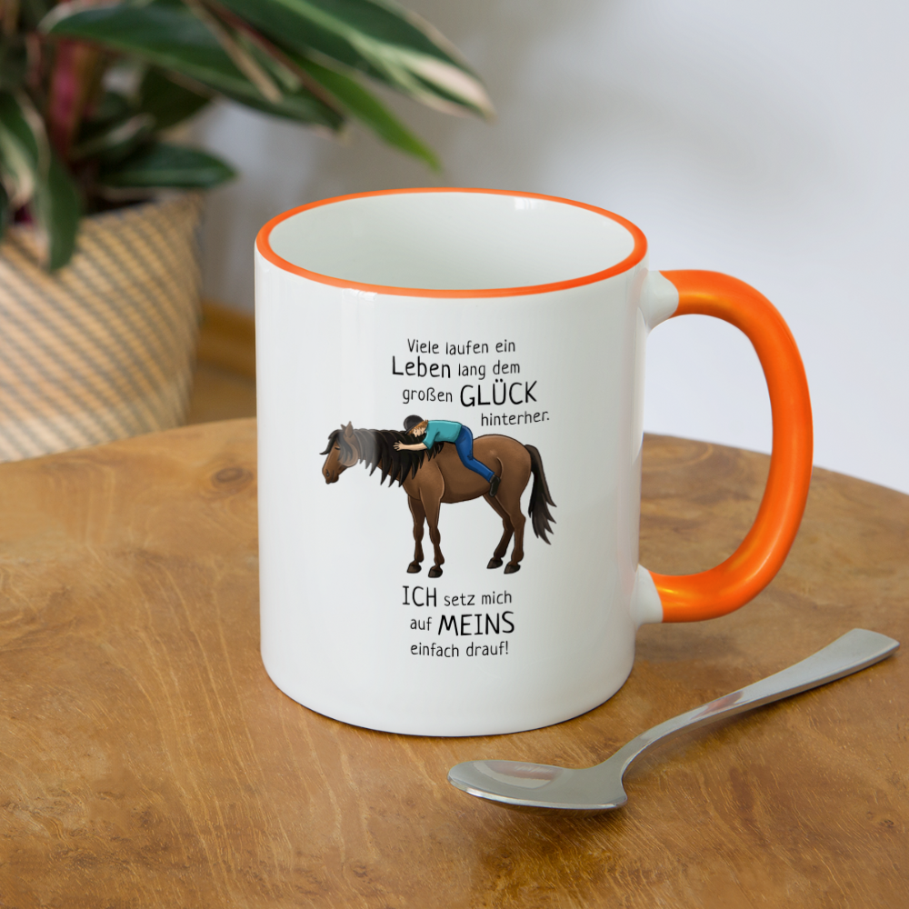 "Auf Pferd & Glück sitzen" Illustrationsstil - Tasse zweifarbig - Weiß/Orange
