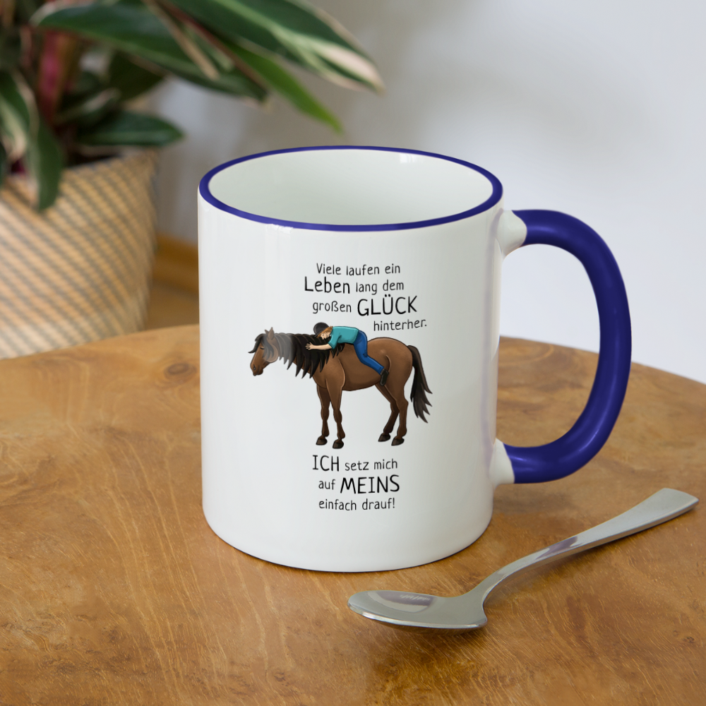 "Auf Pferd & Glück sitzen" Illustrationsstil - Tasse zweifarbig - Weiß/Kobaltblau